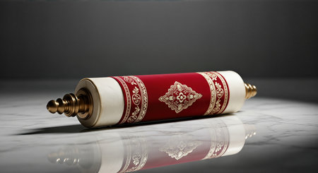 Elegantly crafted Torah scroll with rich red and gold embellishments, placed on a polished marble surface, representing the essence of Jewish culture and spiritualityの素材