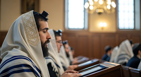 Jewish men in prayer shawls are deeply engaged in prayer within a synagogue, surrounded by wooden pews and soft lighting, evoking a peaceful worship environmentの素材