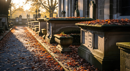 Autumn leaves cover a quiet cemetery path, bordered by intricate gravestones, creating a serene atmosphere for reflection and remembrance in a peaceful environmentの素材