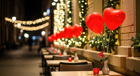 Outdoor dining area adorned with heart-shaped balloons and twinkling lights, featuring a rose in a vase, perfect for a romantic Valentine's Day ambianceの素材