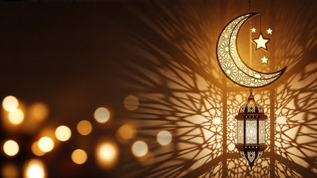 Lantern featuring crescent moon and stars casts beautiful shadows, creating a warm atmosphere for Eid celebrations, symbolizing joy and unity among families and friendsの素材