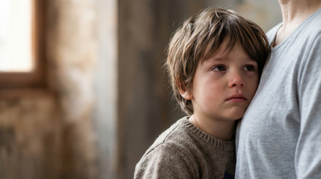 A sad child, with tousled hair and a cozy sweater, clings to an adult in a softly lit room, expressing vulnerability and emotional connection in a poignant momentの素材