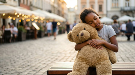 A young girl embraces a large teddy bear while sitting on a bench in a bustling square, surrounded by cafes and warm lights, evoking a sense of sadness and nostalgiaの素材