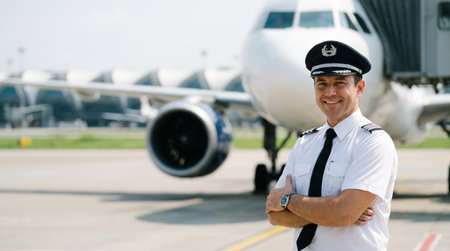 Confident male pilot in uniform poses on airport tarmac, with airplane behind him, representing dedication to aviation and flight safety in professional environmentの素材