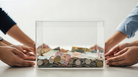 Hands of different ethnicities gather around a clear donation box filled with coins and bills, representing unity and the spirit of giving in community effortsの素材