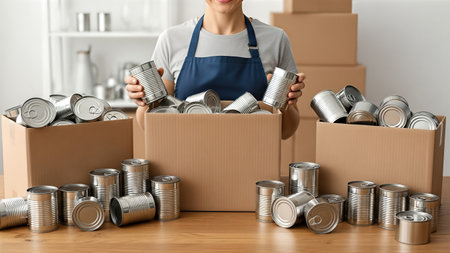 Female volunteer in blue apron is sorting canned goods in cardboard boxes on a wooden table, showing the importance of community support and charitable donationsの素材