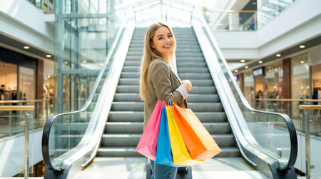 Female shopper stands on escalator in contemporary mall, holding colorful shopping bags, radiating happiness and excitement in a lively retail environmentの素材