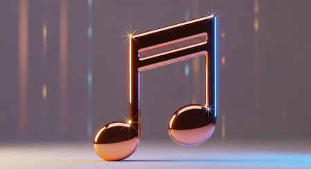 3D illustration of a vibrant musical note symbol, reflecting colors and light, set against a soft gradient background, embodying the essence of music and danceの素材