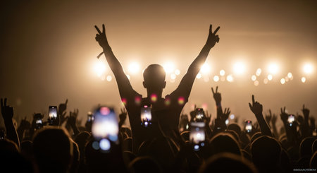 Audience members at a lively music concert, raising hands and smartphones, illuminated by bright stage lights, showcasing the excitement and connection of live performancesの素材