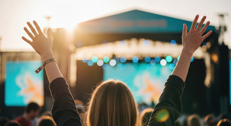 Concertgoer with raised hands is immersed in live music performance at outdoor festival, surrounded by vibrant crowd and colorful stage lights, embodying the spirit of celebrationの素材
