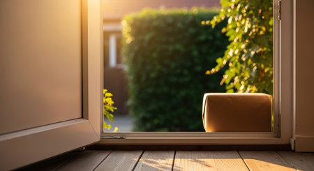 Parcel delivery is positioned at the entrance of a home, with sunlight casting warm tones, surrounded by lush greenery, illustrating the ease of receiving packagesの素材