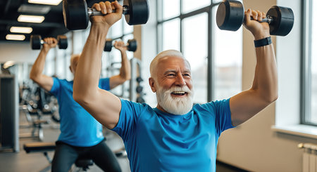 Senior man is lifting dumbbells in a modern gym, demonstrating strength training and fitness, with bright windows and exercise equipment creating an energetic atmosphereの素材