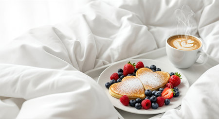 Heart-shaped pancakes served with fresh berries and a warm cup of coffee on a soft bed, creating a cozy and romantic atmosphere for Valentine's Dayの素材