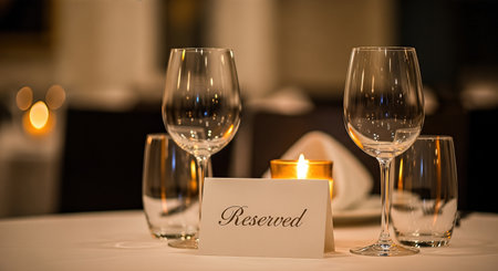 Romantic dining table prepared for Valentine's Day, showcasing reserved sign, sparkling glasses, and warm candlelight, creating a cozy and intimate ambiance for couplesの素材