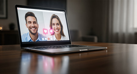 Happy couple enjoying a video call on laptop, expressing love through smiles and heart icons, creating a warm atmosphere for Valentine's Day connectionの素材