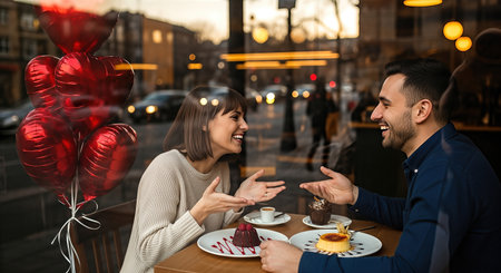 Romantic couple shares a delightful dinner with heart-shaped balloons and desserts, creating a warm and intimate ambiance for Valentine's Day celebrationの素材