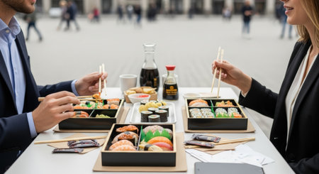 Two individuals are sharing sushi and traditional dishes at an outdoor table, immersed in a vibrant street food experience with a lively urban backdropの素材