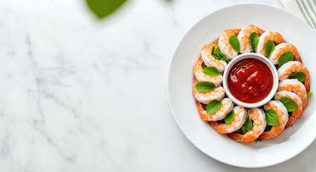 Elegant shrimp dish beautifully arranged on a white plate, garnished with fresh basil and served with tangy sauce, highlighting culinary creativity and vibrant colorsの素材