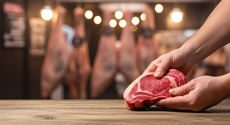 Marbled steak is being held on a wooden table, with various cuts of meat hanging in the background, creating a vibrant butcher shop ambianceの素材