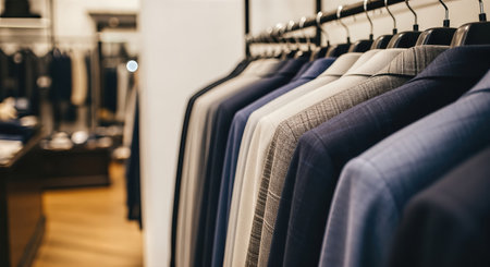 Elegant formal shirts hang on display in a stylish clothing store, featuring a variety of colors and textures, ideal for modern professional attire and fashion loversの素材