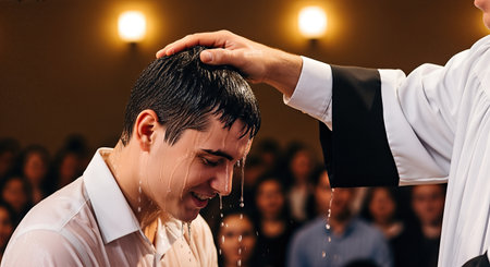 Man is being baptized with water by a priest, surrounded by a congregation, representing a moment of faith, renewal, and spiritual connection in a sacred environmentの素材
