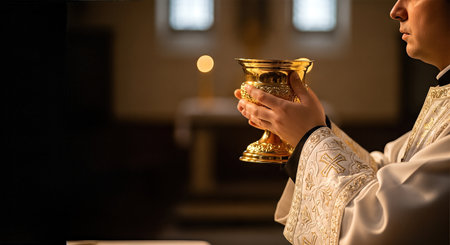 Priest in elegant vestments holds a golden chalice during a sacred ceremony in a softly lit church, embodying the essence of faith and devotion in Christian worshipの素材