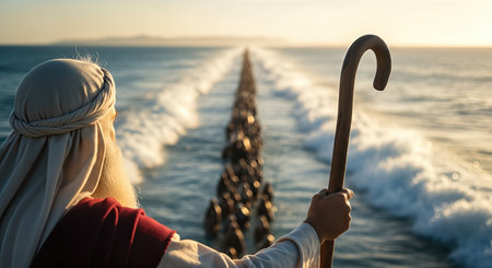 Man in traditional attire stands by the ocean, holding a staff, gazing at the waves, evoking themes of faith, guidance, and spiritual connection in a tranquil settingの素材