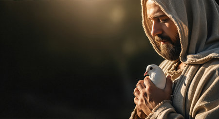 Man in a hooded robe holds a white dove in a tranquil outdoor environment, symbolizing peace and spirituality, reflecting deep faith and compassionの素材