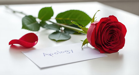 A vibrant red rose with lush green leaves is positioned next to a note that reads apology, representing the act of seeking forgiveness and mending relationshipsの素材
