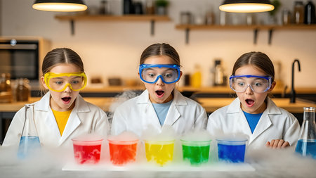 Young chemistry enthusiasts in lab coats are captivated by colorful chemical reactions in beakers, creating an atmosphere of discovery and excitement in a classroom chemistry clubの素材