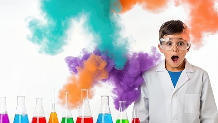 A surprised young boy in a lab coat and glasses, captivated by vibrant smoke and chemical reactions, stands among colorful beakers and flasks, embodying the joy of science explorationの素材