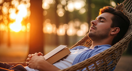 Male individual is peacefully resting in a hammock at sunset, holding a book, with trees in the background, creating a serene atmosphere of relaxation and enjoymentの素材