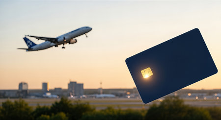 Airplane ascends into the sunset sky, with a credit card prominently displayed in the foreground, representing travel, finance, and modern lifestyle choicesの素材