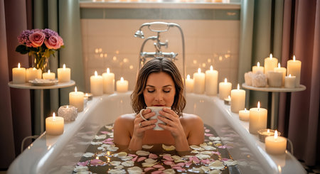 Female enjoying a peaceful moment in a bathtub filled with rose petals, surrounded by candles and flowers, creating a romantic ambiance for Valentine's Dayの素材