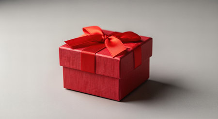 A beautifully wrapped red gift box with a satin ribbon sits on a smooth surface, representing love and affection for Valentine's Day and romantic occasionsの素材