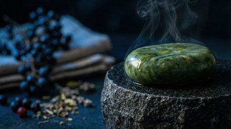A green stone is placed on a dark textured surface, surrounded by herbs and soft fabric, with steam rising, evoking a calming ambiance for body skin care ritualsの素材