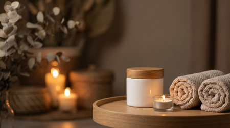 Body skin care products arranged on a wooden tray with candles and rolled towels, enhancing a tranquil ambiance perfect for self-care and relaxationの素材