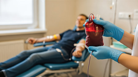 Healthcare worker in blue gloves presents blood donation bag as patient relaxes on donation chair, emphasizing the significance of helping others through volunteeringの素材