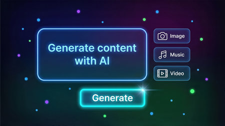 Visual representation of AI content generation, highlighting neon buttons for image, music, and video against a colorful backdrop, emphasizing innovation and digital creativityの素材