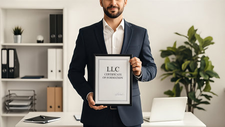 Professional man in suit displays LLC certificate of formation in contemporary office setting, emphasizing business ownership and entrepreneurial spirit with a clean workspaceの素材
