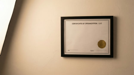 Framed LLC certificate displayed on a wall, symbolizing business establishment and professionalism in a contemporary office setting with soft lightingの素材