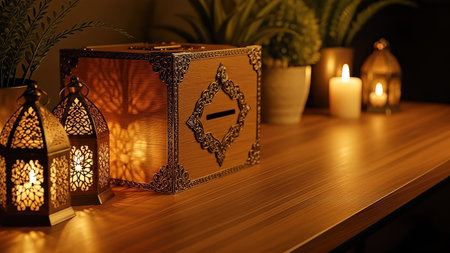 Beautiful wooden donation box sits on a wooden table, surrounded by glowing lanterns and candles, enhancing the ambiance for charitable contributionsの素材