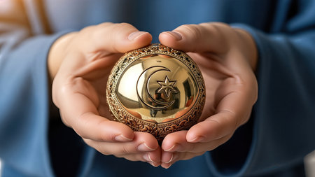 Hands gently cradle a golden sphere adorned with crescent moon and star, symbolizing Islamic beliefs and the importance of Zakat in fostering community and charityの素材