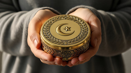 Hands present a beautifully crafted golden box adorned with a crescent moon and star, representing Zakat and its significance in fostering community welfare and charityの素材