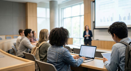 Group of students in a contemporary auditorium, focused on a lecture with a presenter discussing data on a screen, fostering an engaging learning environmentの素材