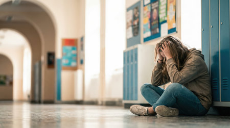 Child appears distressed while sitting on the floor of a school hallway, holding head in hands, with lockers and colorful posters creating a somber atmosphereの素材