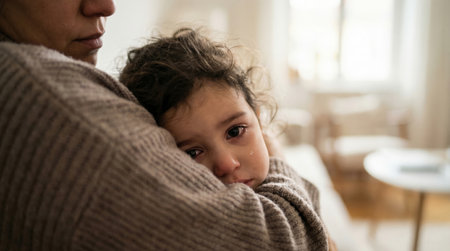 A sad child with curly hair is being held closely, surrounded by a soft, warm environment, highlighting feelings of comfort and emotional supportの素材