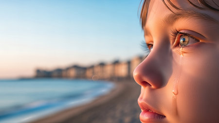 Child with tearful expression looks towards the horizon, soft beach waves in background, evoking feelings of sadness and contemplation in a tranquil atmosphereの素材
