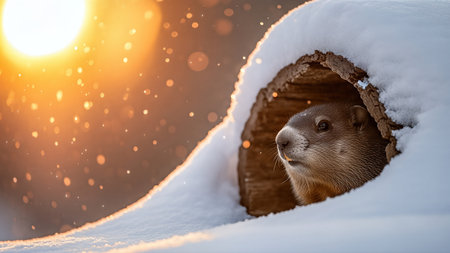 Groundhog peeking out from burrow in snow, with soft sunlight filtering through, creating a serene atmosphere, capturing the essence of winter and seasonal transitionの素材
