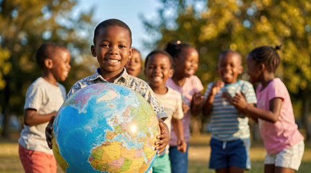 Happy young boy proudly displays a globe in a vibrant park, surrounded by friends, embodying the spirit of Earth Day and the importance of caring for our planetの素材